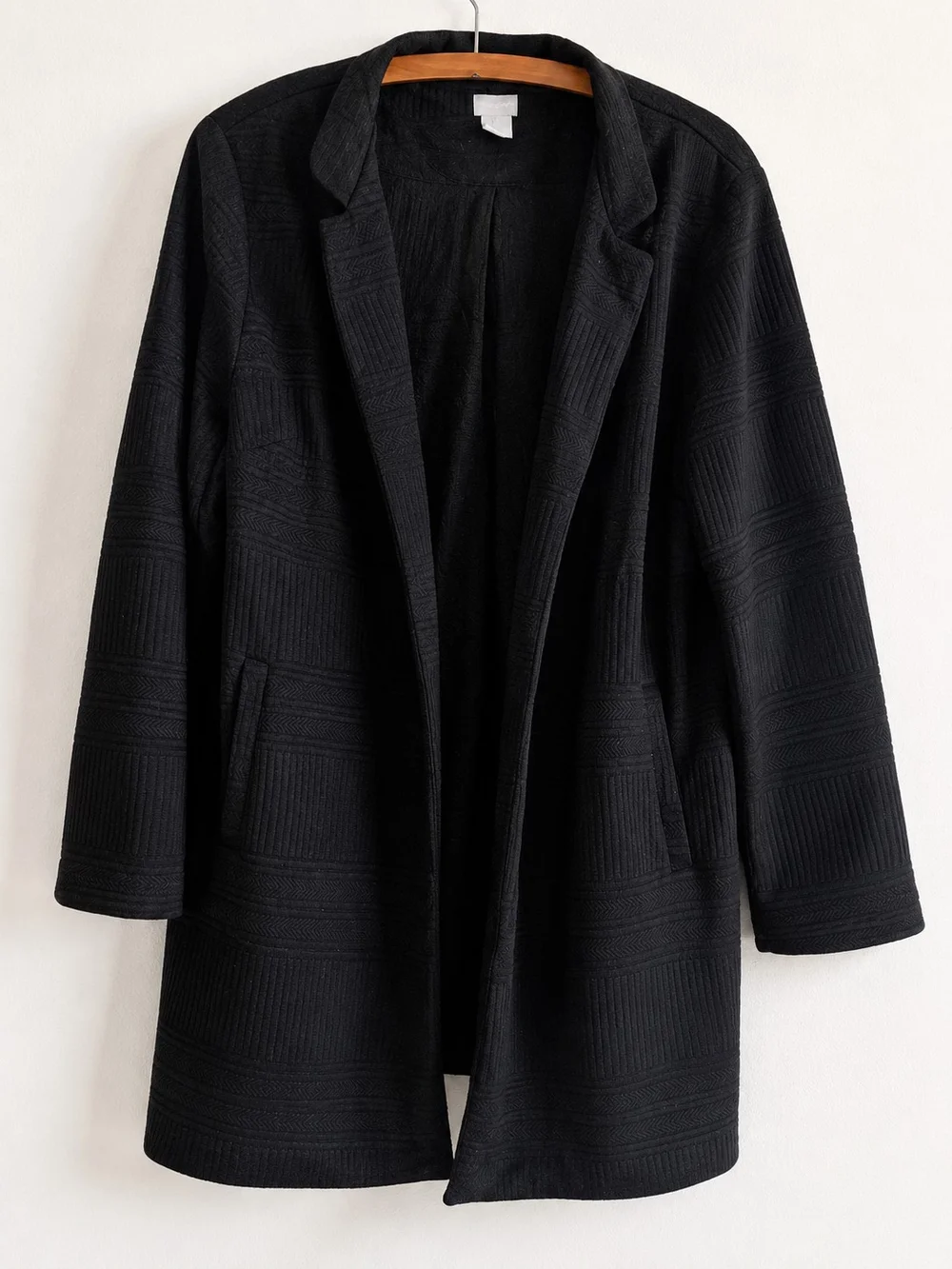Chico’s Size 3 US 12/14 Black Textured Long Blazer Jacket Open Front Career